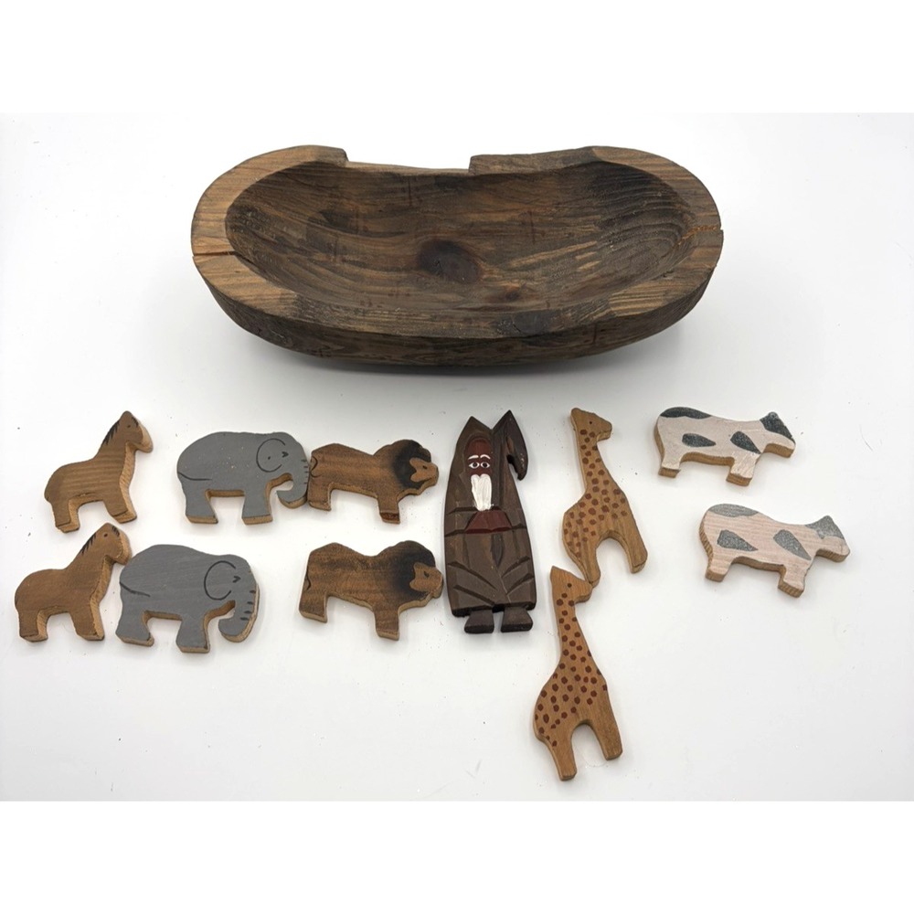 Vintage Hand Carved Folk Art Noahs Ark Wood Animal Figures Set Anime